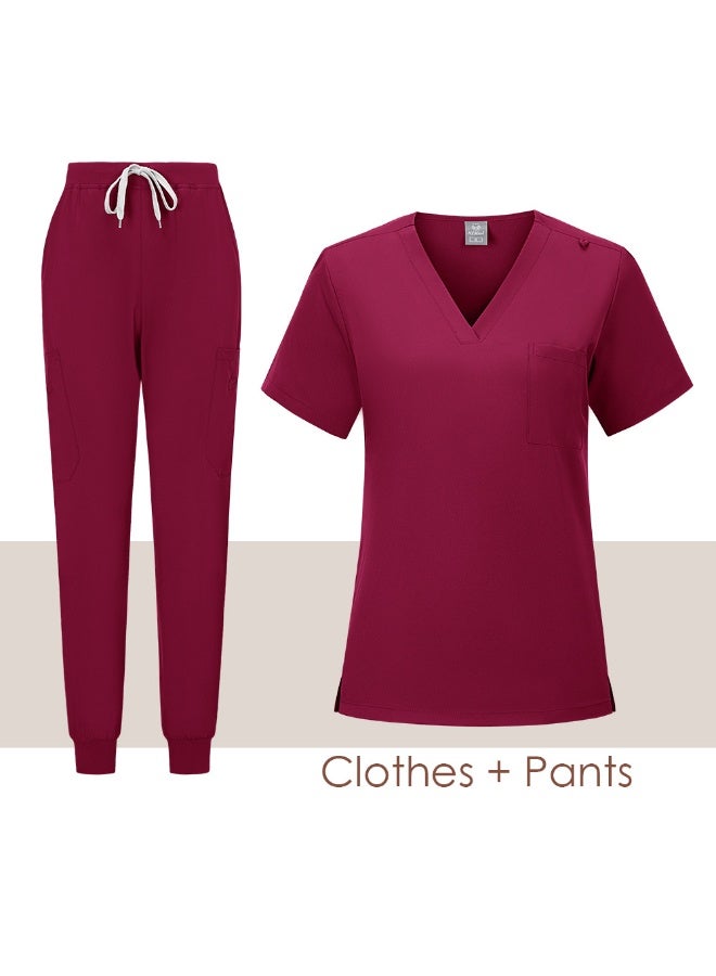Loquat Womens Medical Scrubs Set Medical Uniform Set Wine Red - Image 1