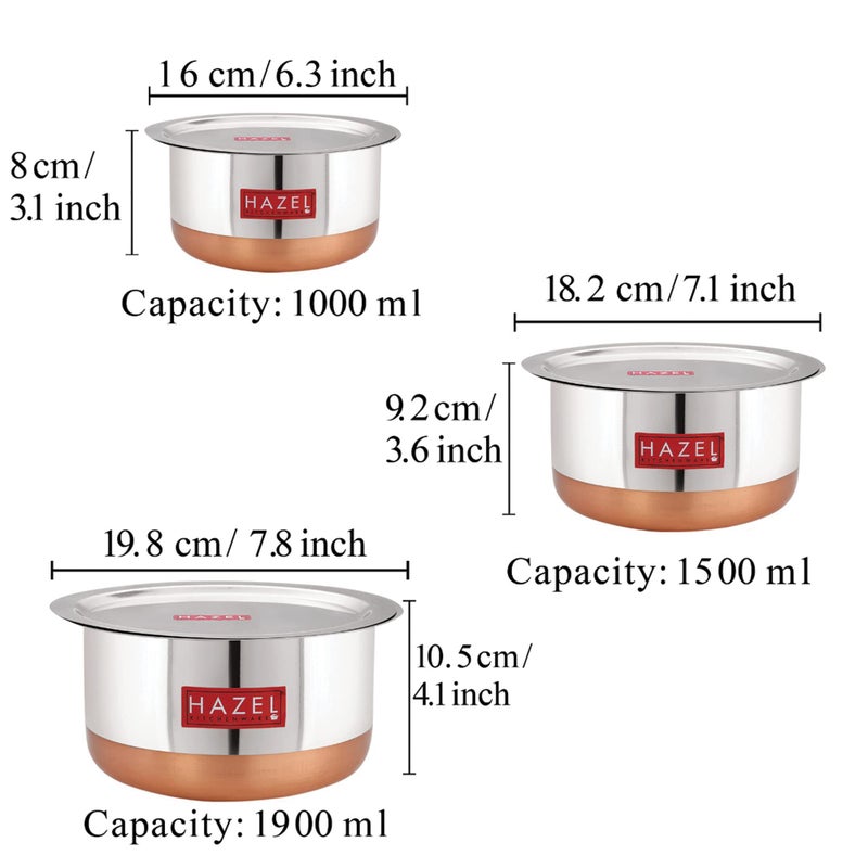 Hazel مجموعة أدوات المطبخ هازيل | مجموعة من 3 (1 لتر، 1.5 لتر و 1.9 لتر سعة) | أدوات قاع نحاسي للطهي | مجموعة أواني فولاذية مع غطاء للاستخدام اليومي - Image 4