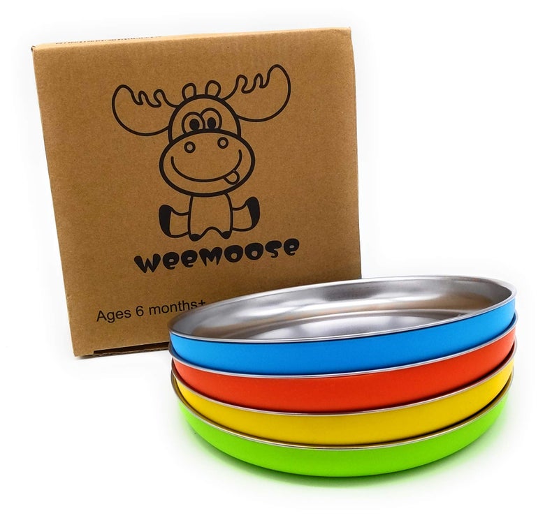 WeeMoose Premium 304 Stainless Steel Plates with Removable Silicone Shell | Set of 4 Plates | Baby Toddler Food Snack Container - Image 1