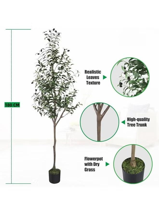 GGOOT Artificial Olive Tree, Tall Faux Silk Plant for Home Office Decor Indoor Fake Potted Tree with Natural Wood Trunk and Lifelike Fruits, 180cm - Image 4