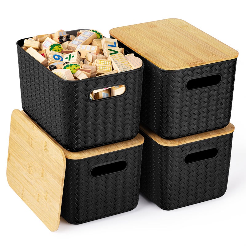 Ohmlove 4 Packs Storage Bins with Bamboo Lids  Plastic Storage Containers with Lids Stackable Storage Box Storages Baskets for Organizing Desktop Closet Playroom Classroom Office Black
