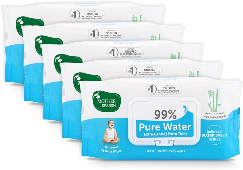 Mother Sparsh 99% Pure Water Unscented Baby Wipes - Pack of 5 (72 Wipes Each) - Image 1