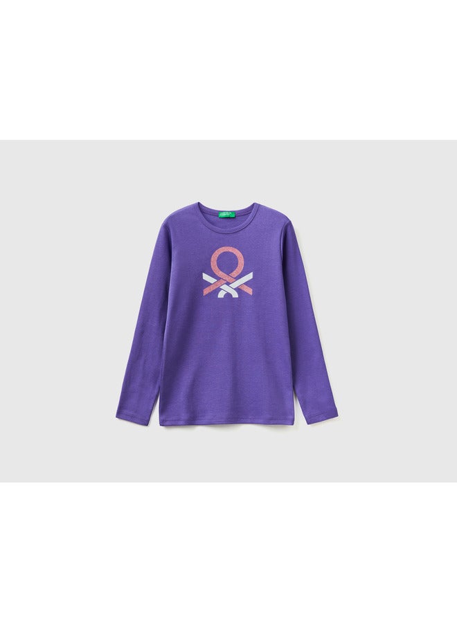UNITED COLORS OF BENETTON Long Sleeve T-Shirt With Glitter Print - Violet
