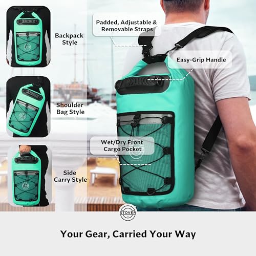 STOVER 5/10/25/30/40/55L Waterproof Dry Backpack & Phone Case- Large Floating Dry Bag for Kayaking, Travel, Hiking, Fishing, Camping, Motorcycles & Beach, Heavy-Duty Roll Top Men/Women (Teal) - Image 3