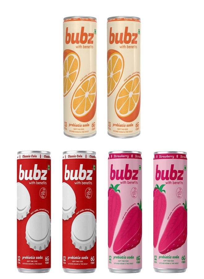 Bubz Strawberry, Citrus and Cola Each Pack of 2 Prebiotic Soda (Combo 6) | 0g Added Sugar, 6g Prebiotic Fiber | 250 ml Cans | Low Calorie Soda Drink - Image 1