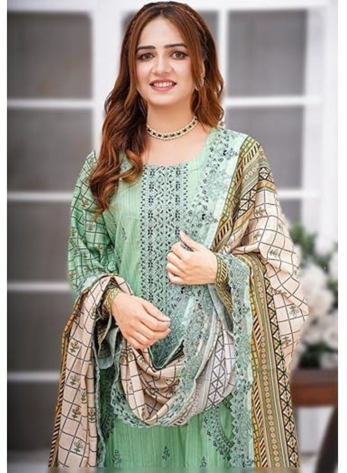 وينشيلز بدلة سلوار قميص باكستانية تقليدية - قطن مطرز باللون الأخضر النعناعي مع دوباتا مطبوعة بنمط هندسي - متوسط - Image 3