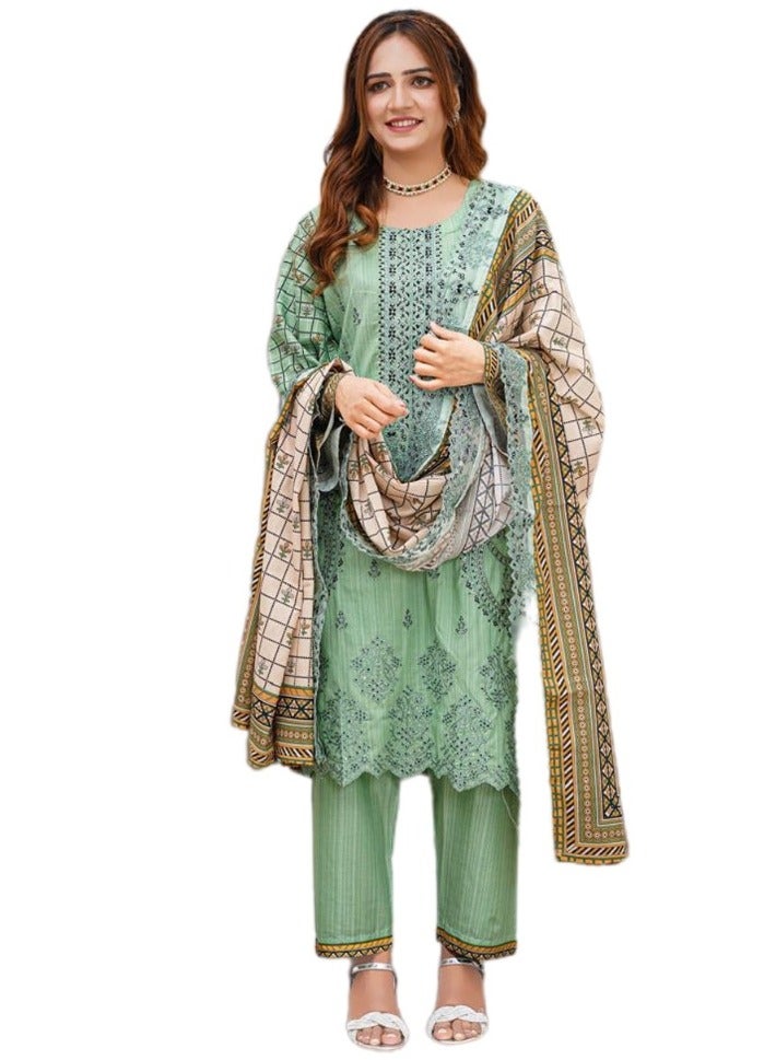 وينشيلز بدلة سلوار قميص باكستانية تقليدية - قطن مطرز باللون الأخضر النعناعي مع دوباتا مطبوعة بنمط هندسي - متوسط - Image 1