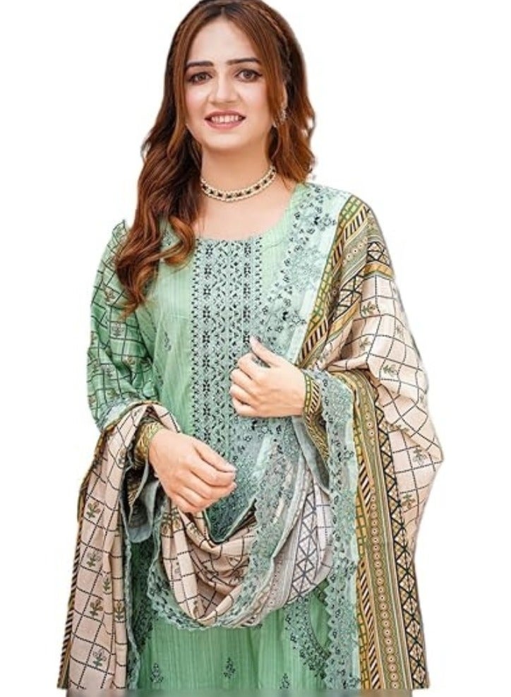 وينشيلز بدلة سلوار قميص باكستانية تقليدية - قطن مطرز باللون الأخضر النعناعي مع دوباتا مطبوعة بنمط هندسي - متوسط - Image 2