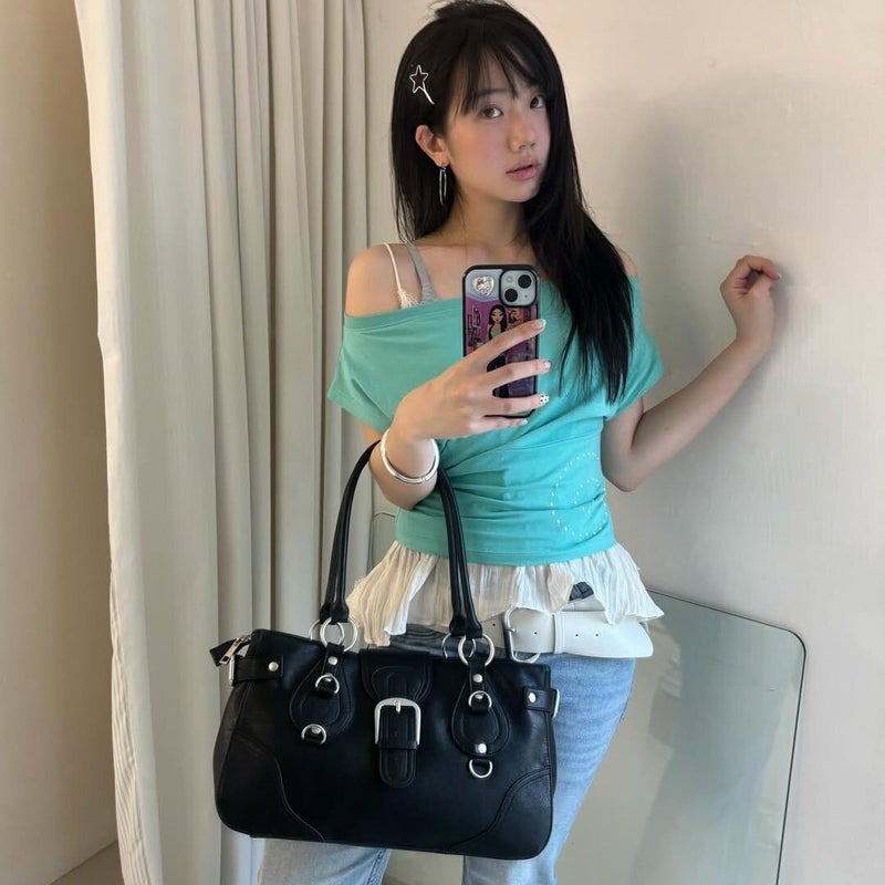 Vintage Style Women's Faux Leather Shoulder Bag with Metal Buckle - Image 2