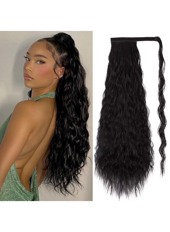 ستامب جلوريس وصلة ذيل حصان طويلة مموجة من الذرة، عجينة سحرية مقاومة للحرارة، لفافة صناعية مموجة حول ذيل الحصان، قطعة شعر سوداء للنساء (26 بوصة 26 بوصة باللون الأسود) - Image 1