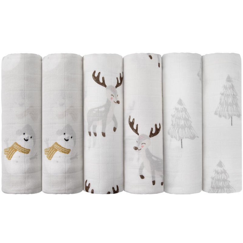 Maliton Muslin Swaddle Blankets for Newborn, 6-Pack Breathable Receiving Blanket (27" x 27") Soft Baby Blanket for Girls and Boys, Baby Burp Cloths with 3-Layer Cotton Design for Infant Wrap(Reindeer) - Image 1