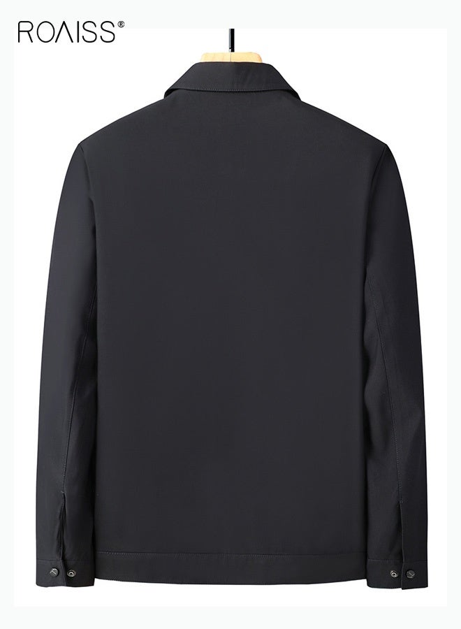 رويس جاكيت رجالي ربيعي وخريفي متعدد الجيوب بسحاب وياقة ثابتة، مناسب للعمل في منتصف العمر، فضفاض، مناسب للتنفيذيين، ومعطف، هدية للأب، باللون الأسود - Image 2