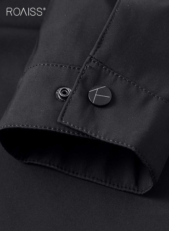 رويس جاكيت رجالي ربيعي وخريفي متعدد الجيوب بسحاب وياقة ثابتة، مناسب للعمل في منتصف العمر، فضفاض، مناسب للتنفيذيين، ومعطف، هدية للأب، باللون الأسود - Image 4