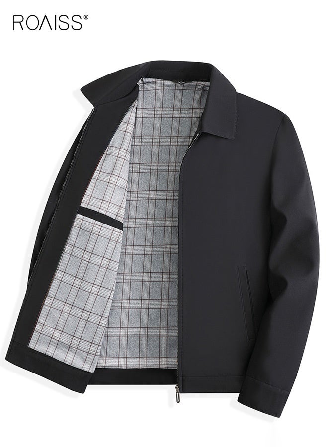 رويس جاكيت رجالي ربيعي وخريفي متعدد الجيوب بسحاب وياقة ثابتة، مناسب للعمل في منتصف العمر، فضفاض، مناسب للتنفيذيين، ومعطف، هدية للأب، باللون الأسود - Image 3