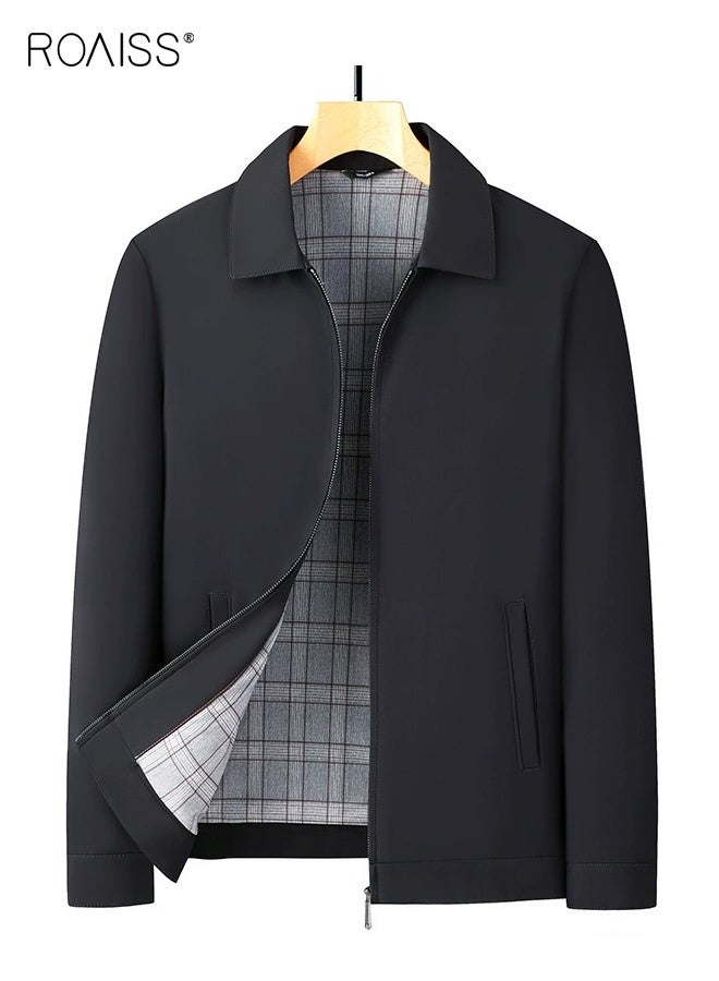 رويس جاكيت رجالي ربيعي وخريفي متعدد الجيوب بسحاب وياقة ثابتة، مناسب للعمل في منتصف العمر، فضفاض، مناسب للتنفيذيين، ومعطف، هدية للأب، باللون الأسود - Image 1