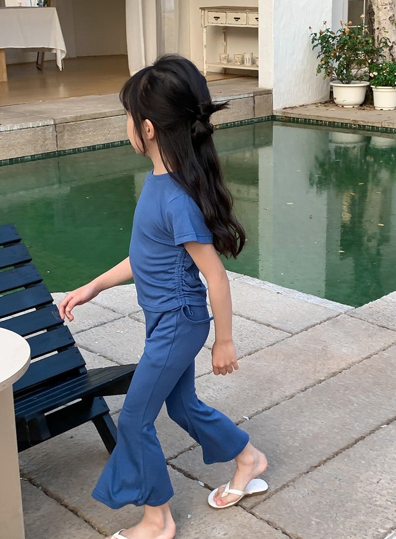 Loquat Girls Solid Color Set Short Sleeve Drawstring T-shirt And Flared Pants Summer Casual Set Blue  - Image 2