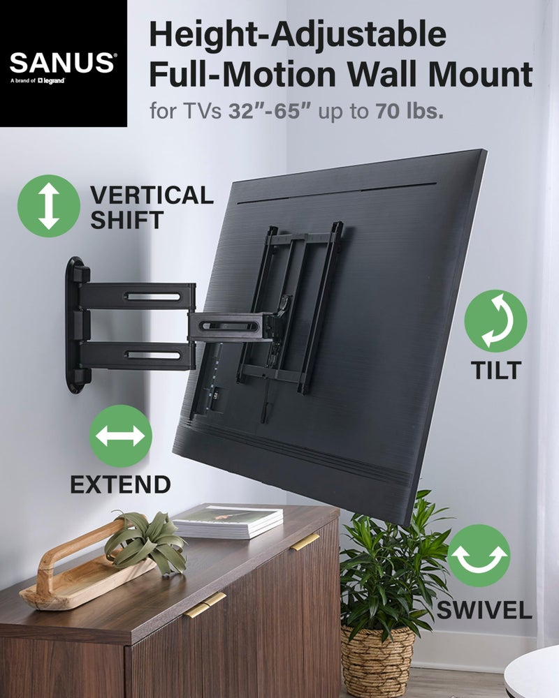 SANUS Height Adjustable Full Motion TV Wall Mount for 32” to 65” TVs – Raise or Lower TV 3” After Install – Maximizes Compatibility with Your Setup – 3 Step DIY w/Smooth Extension, Tilt & Swivel - Image 2