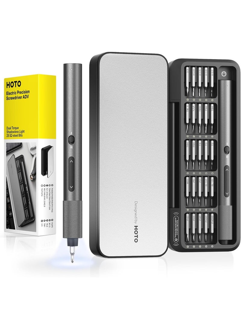 HOTO Electric Precision Screwdriver ADV 25-in-1 Rechargeable Precision Screwdriver Set with 25 S2 Steel Bits, Dual Torque, Shadowless LED Light, Magnetic Storage Case, USB-C Charging, Gray - Image 1