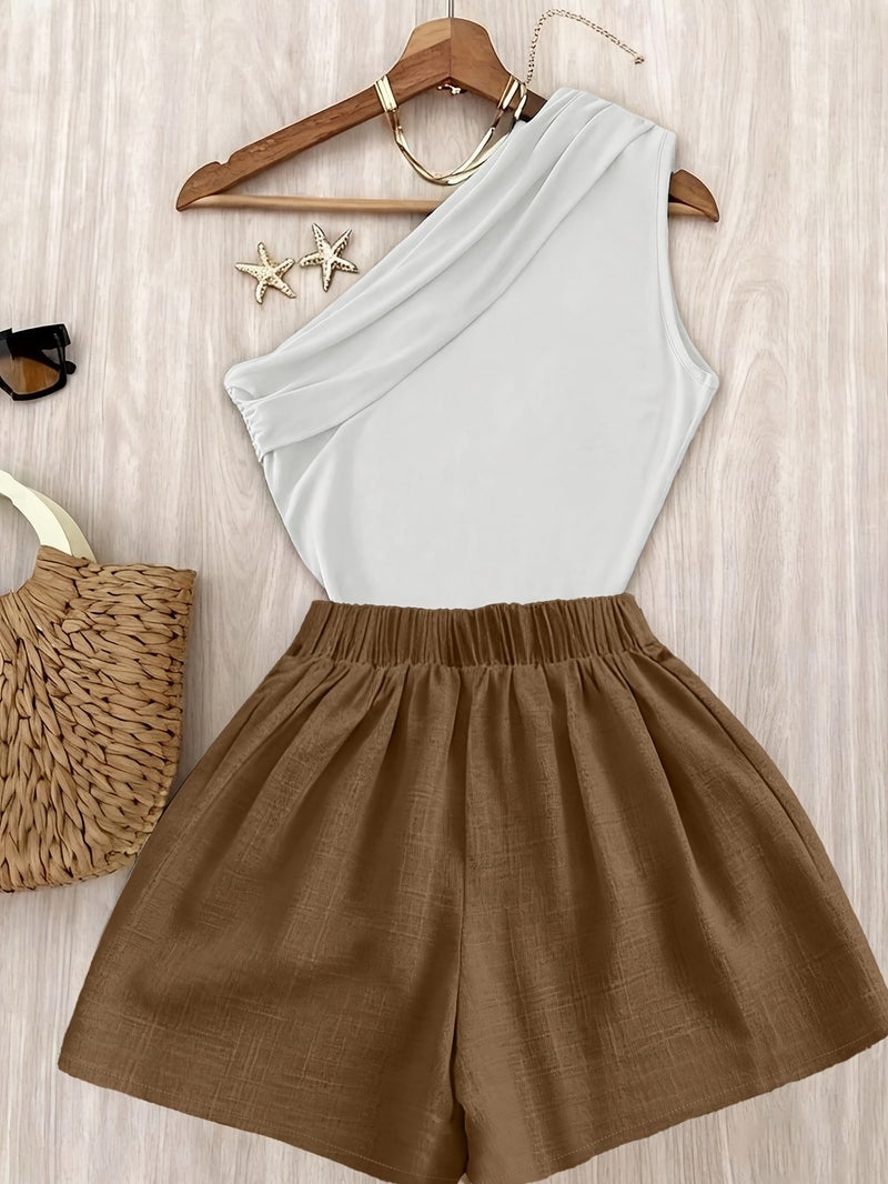 Spring Summer Autumn Women's Thin Breathable Suit Solid Color Ruffle Off-Shoulder Slanting Shoulder Top And Shorts Elastic Waist Loose Fit Shorts Suit - Image 2