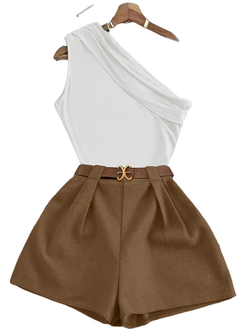 Spring Summer Autumn Women's Thin Breathable Suit Solid Color Ruffle Off-Shoulder Slanting Shoulder Top And Shorts Elastic Waist Loose Fit Shorts Suit - Image 1