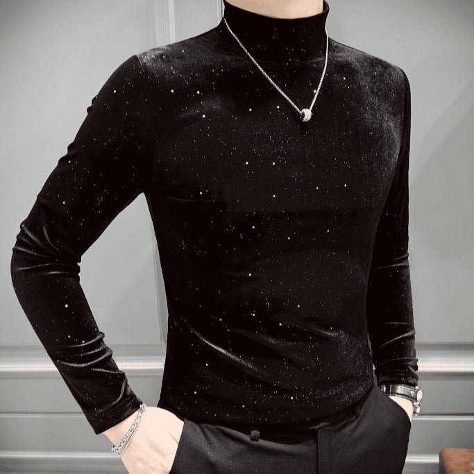 Men'S Slim-Fit Base Shirt Casual Fashion Half-High Collar T-Shirt Golden Velvet T-Shirt Tiktok For Men - Image 2