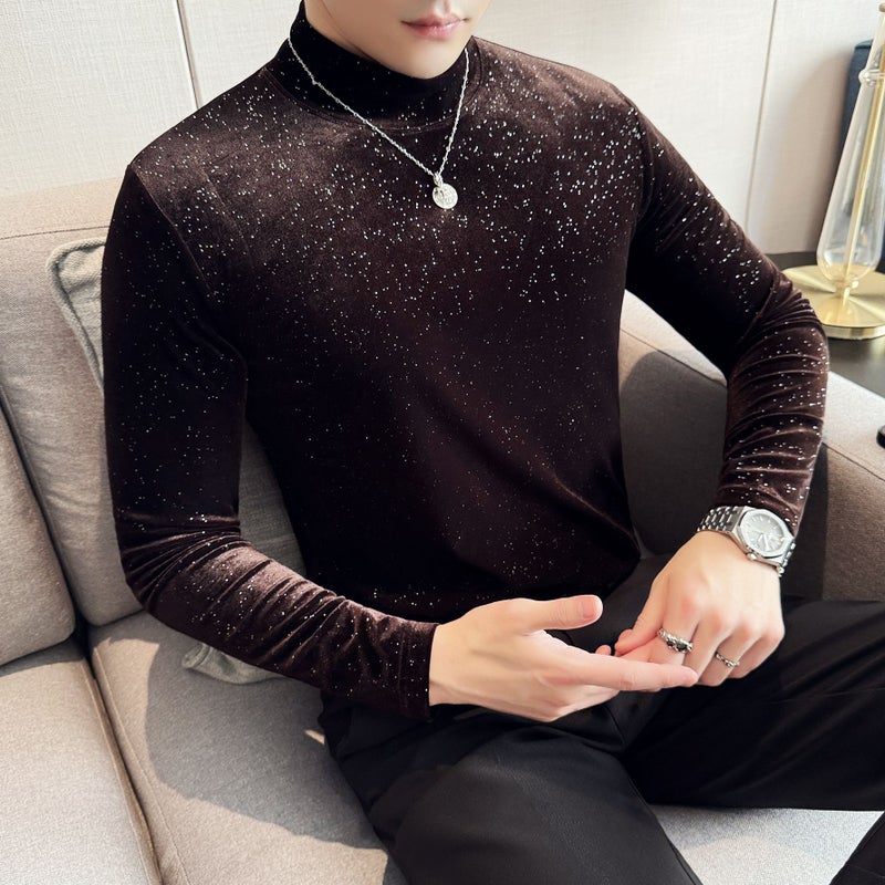 Men'S Slim-Fit Base Shirt Casual Fashion Half-High Collar T-Shirt Golden Velvet T-Shirt Tiktok For Men - Image 4