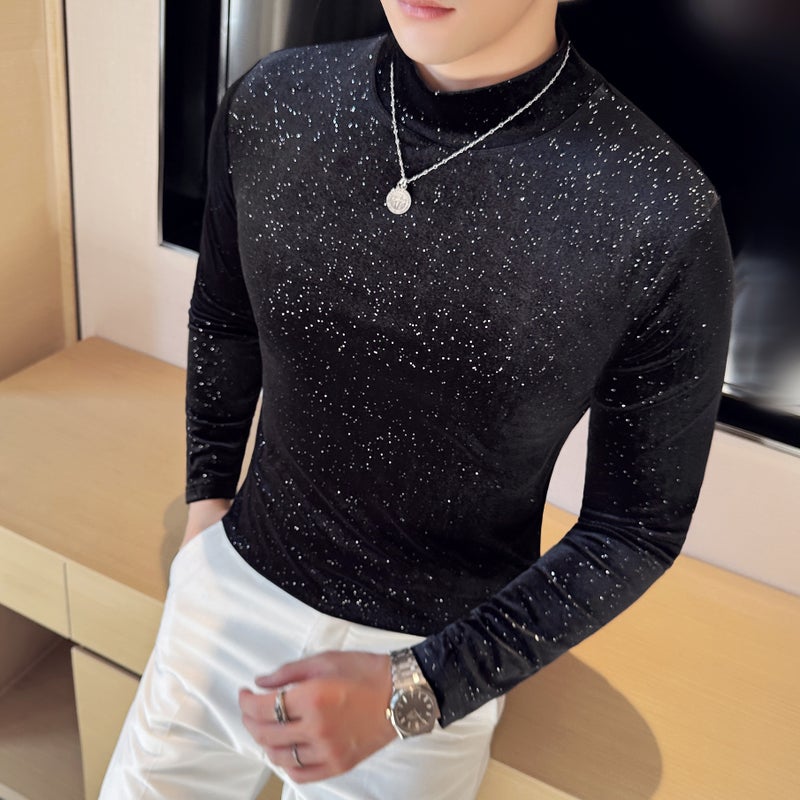 Men'S Slim-Fit Base Shirt Casual Fashion Half-High Collar T-Shirt Golden Velvet T-Shirt Tiktok For Men - Image 3