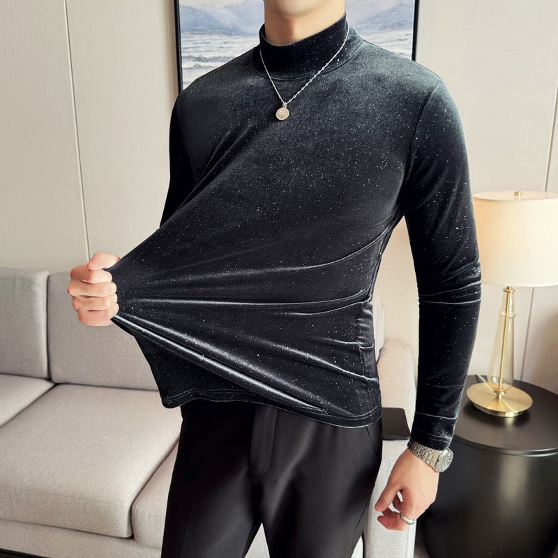 Men'S Slim-Fit Base Shirt Casual Fashion Half-High Collar T-Shirt Golden Velvet T-Shirt Tiktok For Men - Image 1