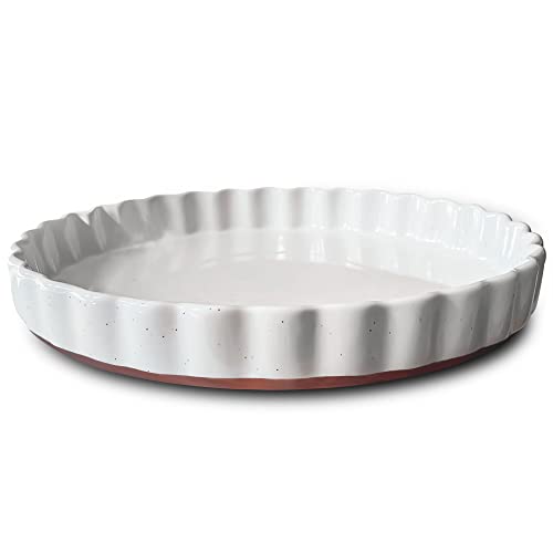 Mora Ceramic Tart Pan 95 Inch Large Porcelain Baking Dish for Tarts Quiche Pie Flan etc Fluted Ruffled Edge Oven Microwave Freezer and Dishwasher safe  Great Gift For Bakers  Vanilla White