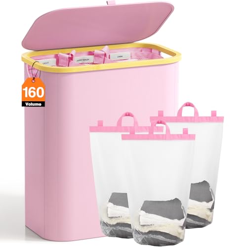 Bathola Hampers for Laundry Basket with Lid, 160L Extra Large 3 Section Clothes Divided Organizer for Bedroom, Laundry Room, Dirty Clothing Hamper, Pink - Image 1