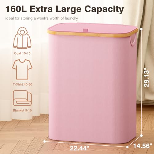 Bathola Hampers for Laundry Basket with Lid, 160L Extra Large 3 Section Clothes Divided Organizer for Bedroom, Laundry Room, Dirty Clothing Hamper, Pink - Image 2