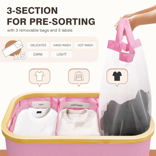 Bathola Hampers for Laundry Basket with Lid, 160L Extra Large 3 Section Clothes Divided Organizer for Bedroom, Laundry Room, Dirty Clothing Hamper, Pink - Image 3