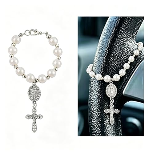 CZMZHFC Car Rosary Steering Wheel Rosarys One Decade Catholic Auto Rosary with Miraculous Medal Hang on Car Mirror Rearview - Image 1