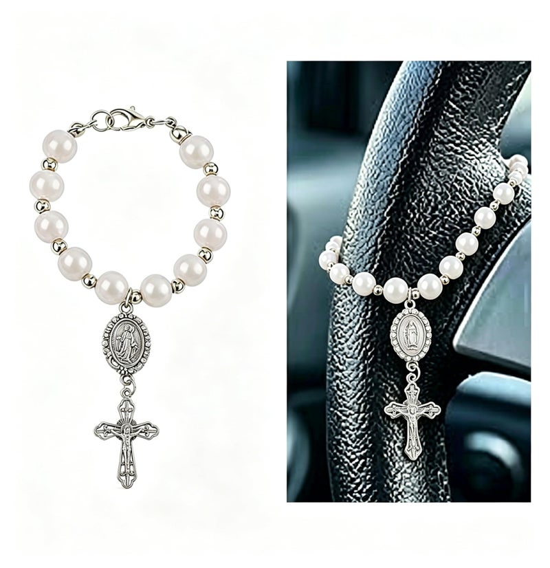 CZMZHFC Car Rosary Steering Wheel Rosarys One Decade Catholic Auto Rosary with Miraculous Medal Hang on Car Mirror Rearview - Image 3
