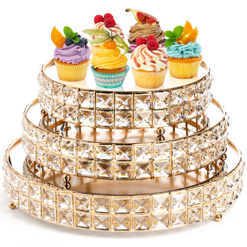 Goaste 3 Pack Crystal Cake Display Stand with Mirror, 14" 12" 10" Metal Pedestal Gold Round Cake Plate Stand, Dessert Cookies Fruit Serving Tray with Shining Crystal Beads for Wedding, Birthday Party - Image 1