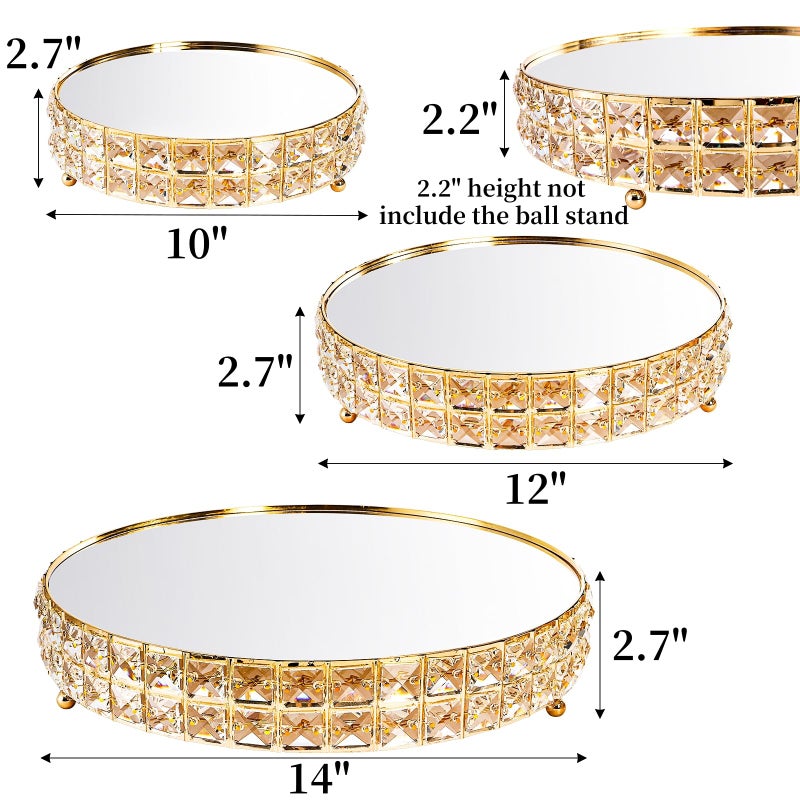 Goaste 3 Pack Crystal Cake Display Stand with Mirror, 14" 12" 10" Metal Pedestal Gold Round Cake Plate Stand, Dessert Cookies Fruit Serving Tray with Shining Crystal Beads for Wedding, Birthday Party - Image 2