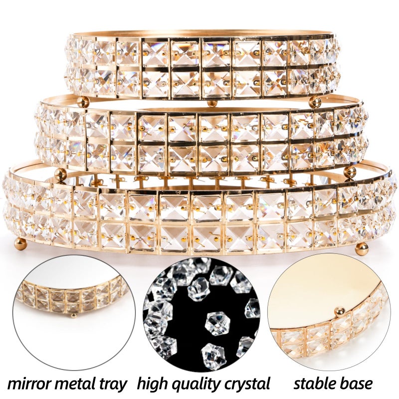 Goaste 3 Pack Crystal Cake Display Stand with Mirror, 14" 12" 10" Metal Pedestal Gold Round Cake Plate Stand, Dessert Cookies Fruit Serving Tray with Shining Crystal Beads for Wedding, Birthday Party - Image 3