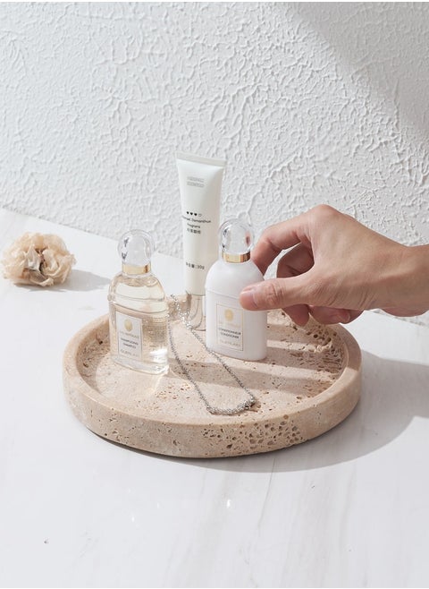 Natural Travertine Round Marble Tray – Elegant Beige Stone Serving Tray