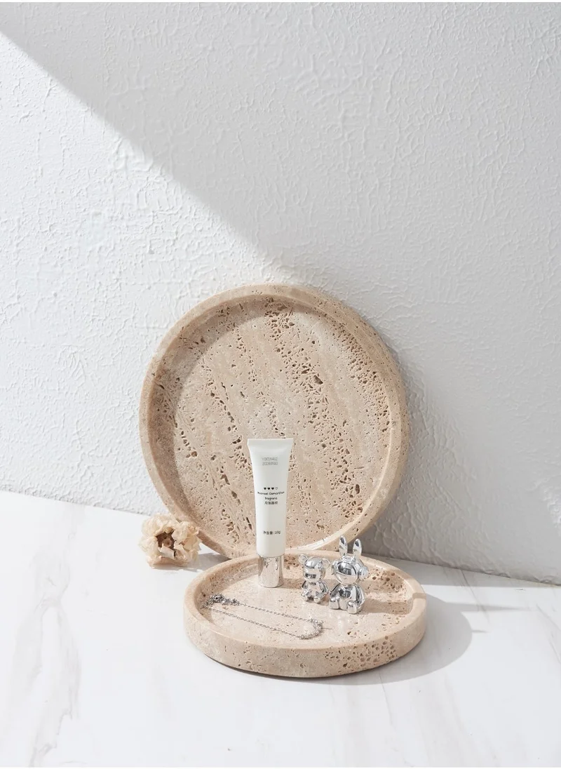 1Chase Natural Travertine Round Marble Tray – Elegant Beige Stone Serving Tray