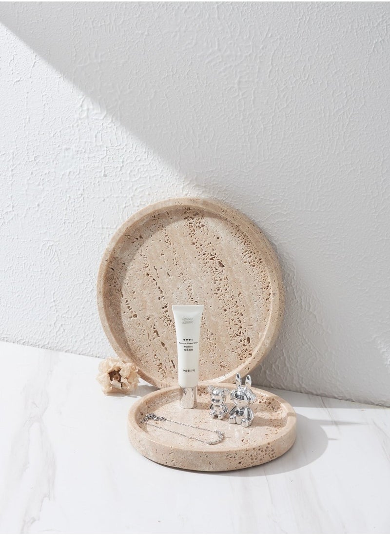 Natural Travertine Round Marble Tray – Elegant Beige Stone Serving Tray