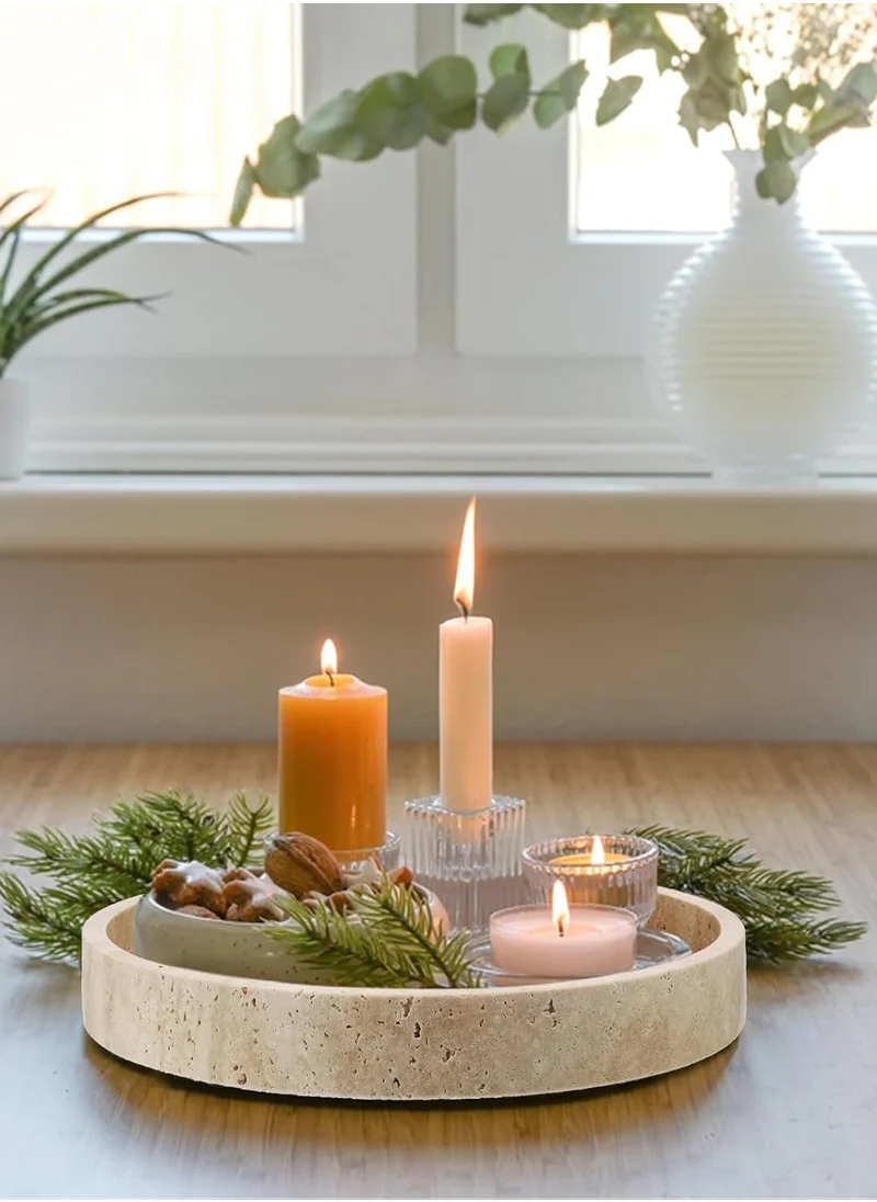 1Chase Natural Travertine Round Marble Tray – Elegant Beige Stone Serving Tray
