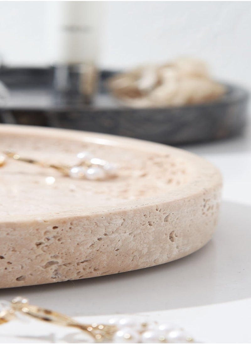 Natural Travertine Round Marble Tray – Elegant Beige Stone Serving Tray