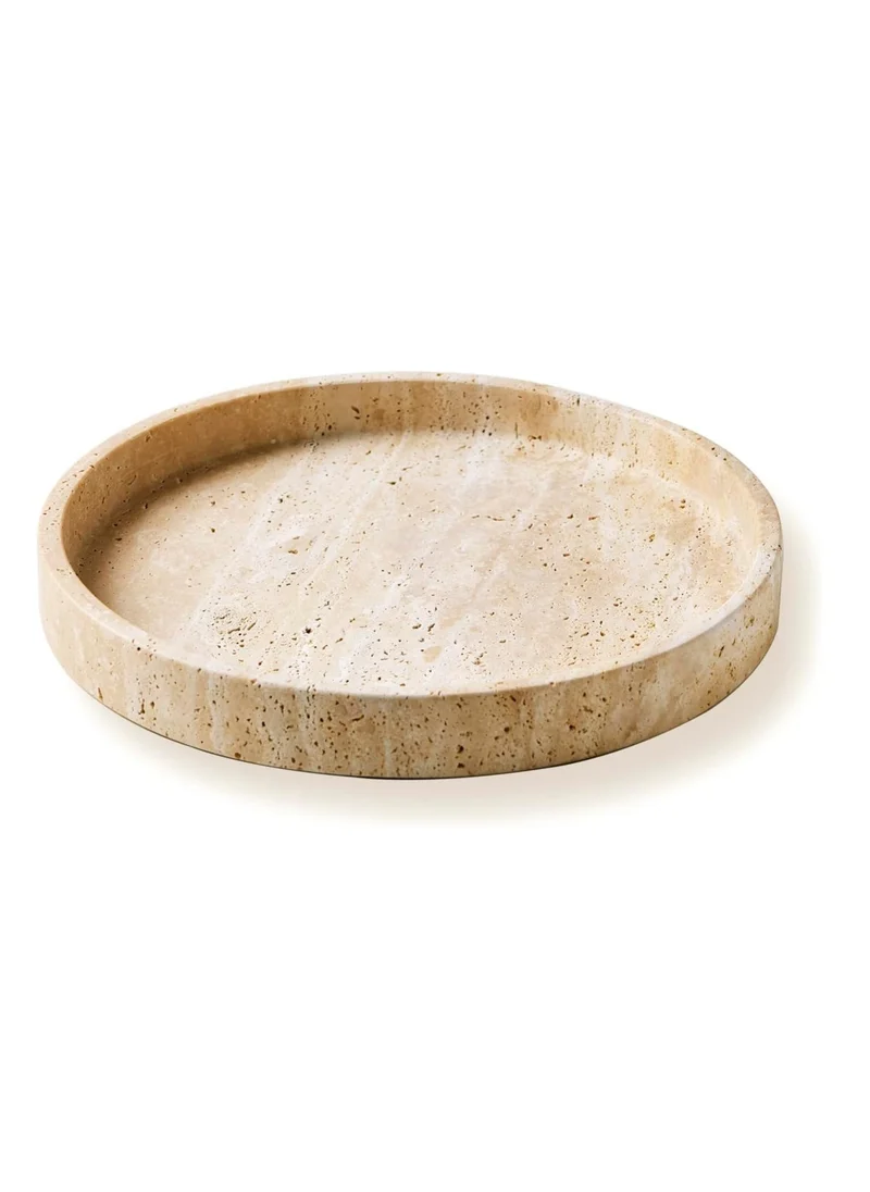 1Chase Natural Travertine Round Marble Tray – Elegant Beige Stone Serving Tray