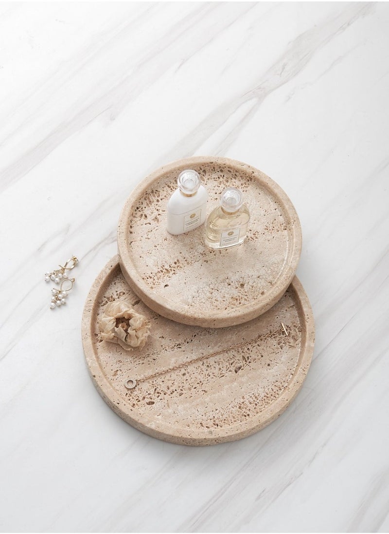 Natural Travertine Round Marble Tray – Elegant Beige Stone Serving Tray
