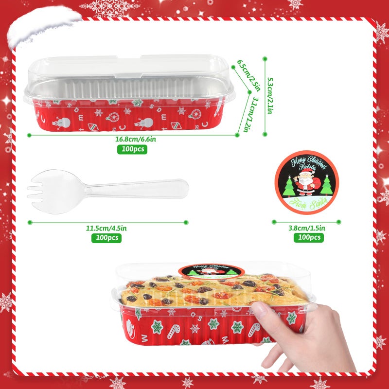 ylnurac 100Pack Christmas Mini Loaf Pans with Lids Mini Cake Pans with Lids and Spoons, 6.8Oz Aluminum Foil Pans Tins, Individual Dessert Cups Containers for Sales,Party,Picnics - Image 2