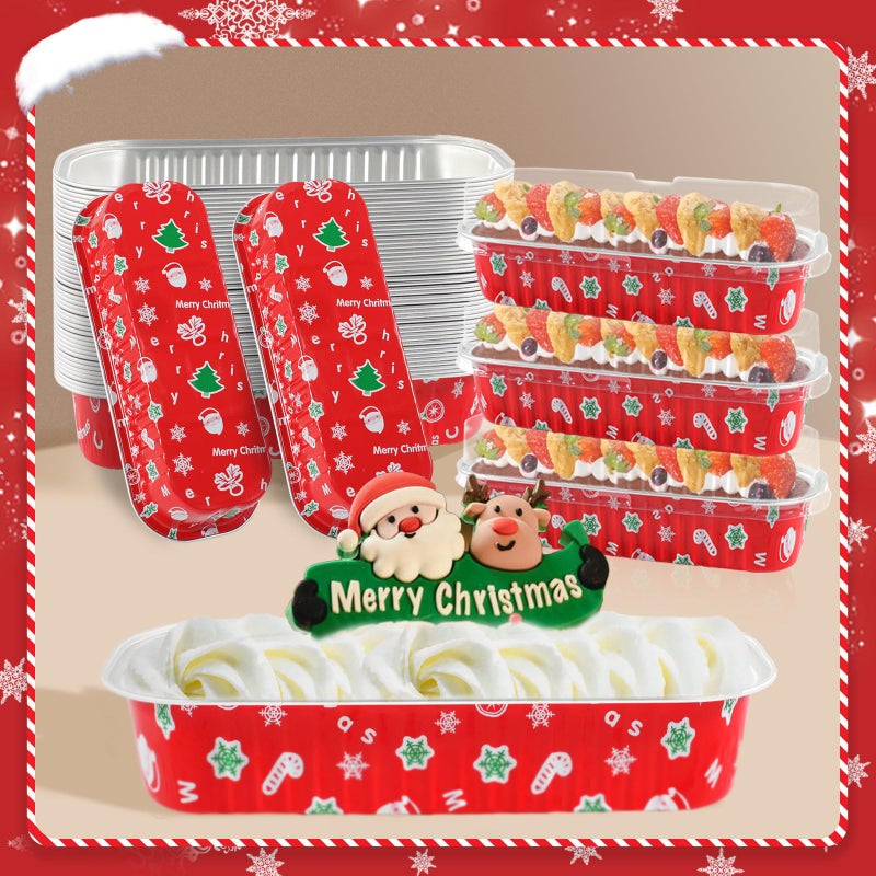 ylnurac 100Pack Christmas Mini Loaf Pans with Lids Mini Cake Pans with Lids and Spoons, 6.8Oz Aluminum Foil Pans Tins, Individual Dessert Cups Containers for Sales,Party,Picnics - Image 1