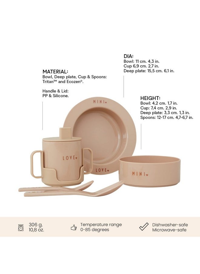Design letters Design Letters Mini Favourite Starter Set Beige | Includes Sippy cups, suction baby bowl, kids deep plate, sippy cups lids, handle and 2 Spoons | BPA-free, BPS-free, drop-safe & dishwasher safe  - Image 1