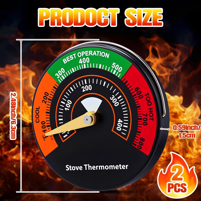 Frienda Wood Stove Thermometer, Magnetic Gas Oven Temperature Gauge Accessories Fire Stove Pipe Thermometer Gauge for Wood Burning Gas Pellet Fireplace Flue Avoiding Destroyed by Overheat (2 Pcs) - Image 2