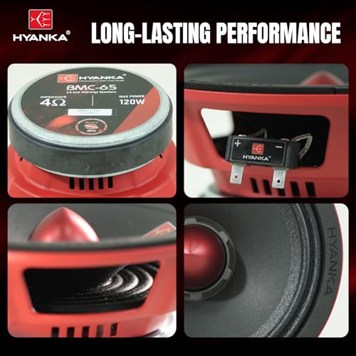 H YANKA BMC-65 6.5 Midrange Speakers Car Audio, 120 Watts 4 Ohms Bullet Design Door Speakers with Red Steel Basket, Distortion-Free Sound, Ideal for Cars, Trucks, and More. (1 Pair) - Image 4