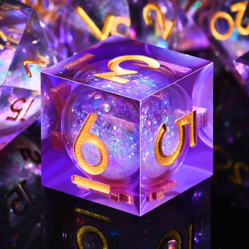AUSTOR Liquid Core Resin DND Dice Sharp Edge Polyhedral Dice 7-Die DND Dice Set Quicksand Handmade Resin Dice for Dungeons and Dragons RPG MTG Table Games, Violet - Image 3